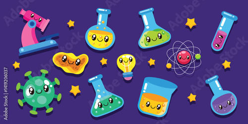 Set of cute kawaii chemistry and science cartoon illustration