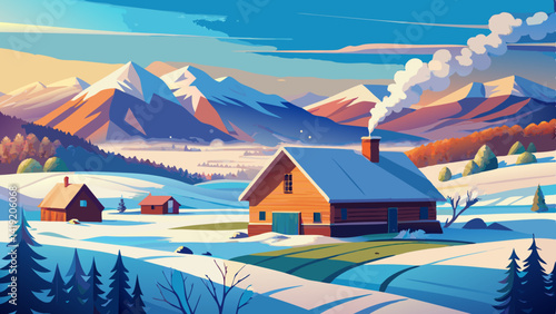 Serene Rural Idaho Winter Landscape with Snowy Fields, Barn, and Mountains