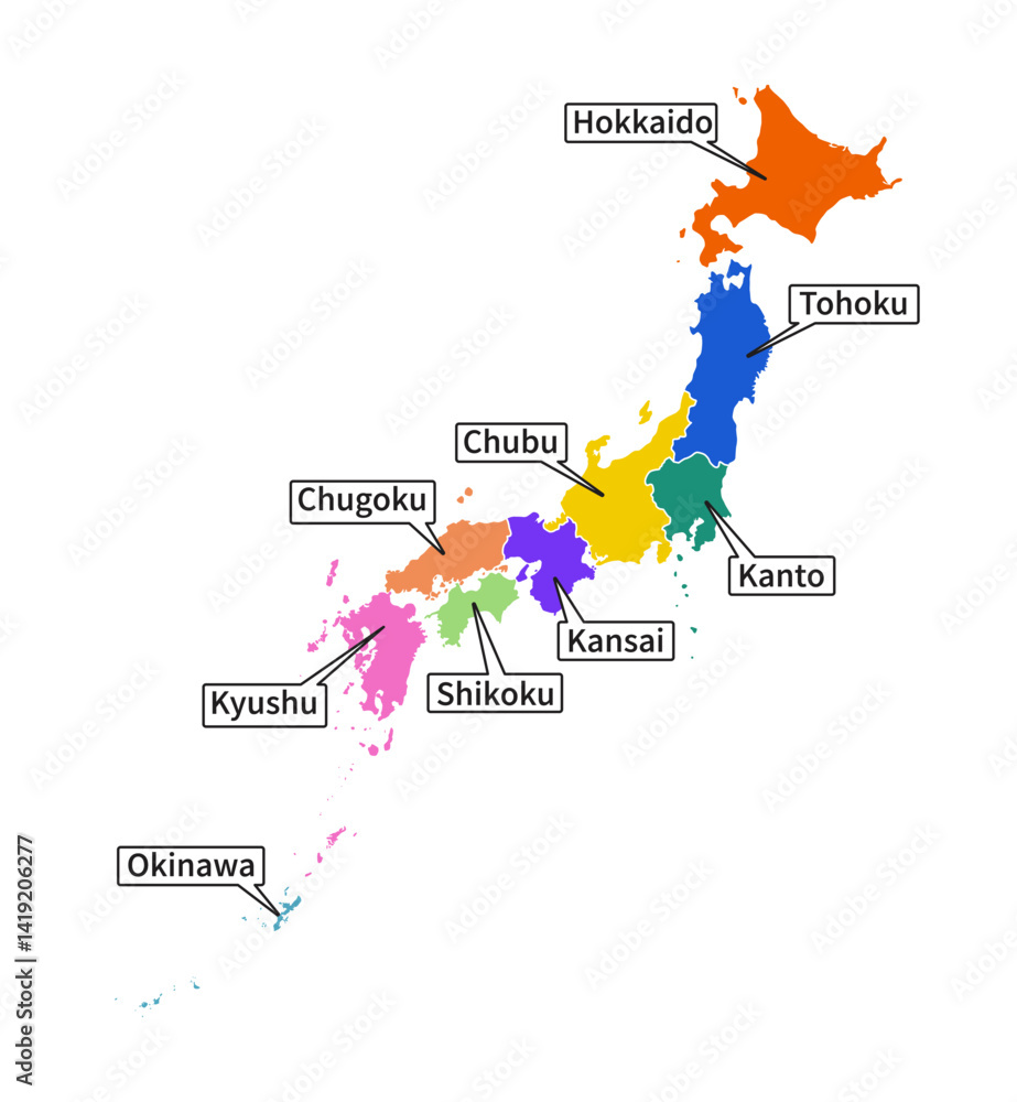 Colorful stylized isolated Japan map separated by regions, with region name Colorful stylized isolated Japan map separated by regions, with region name