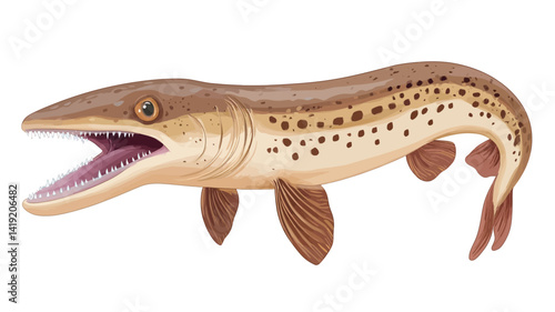 A detailed digital illustration depicts a reconstruction of a large extinct fish from the Paleozoic era. The fish is drawn in a realistic style with a predominantly light brown body.