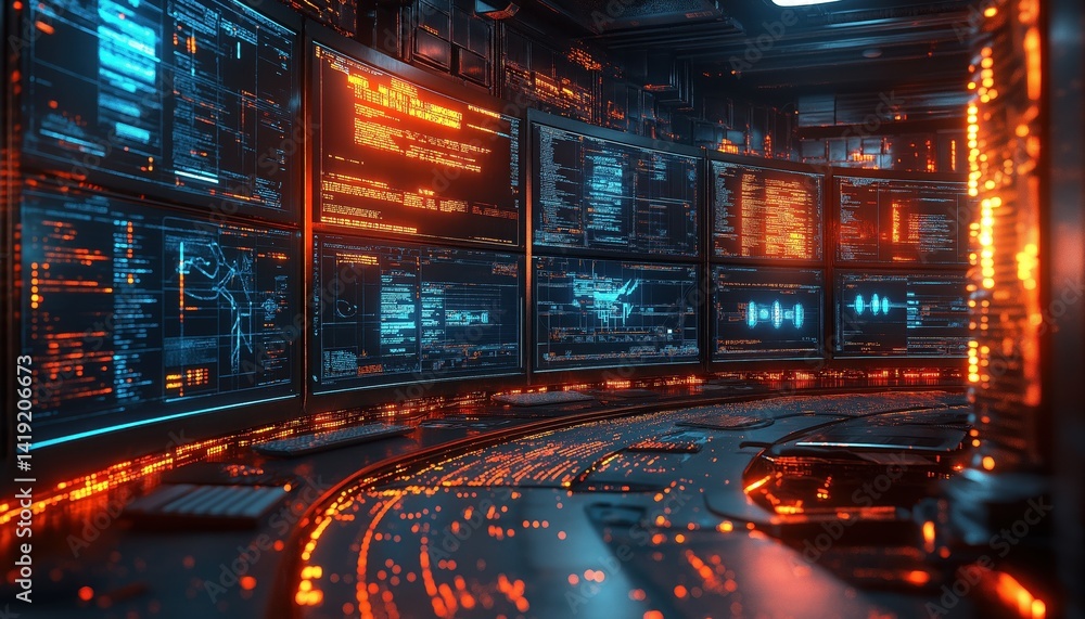 Fototapeta premium Smart Control Room with Glowing Screens Displaying Data and Code Futuristic Technology