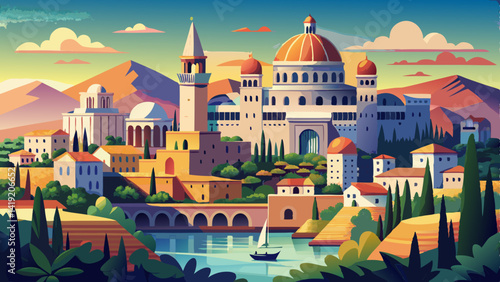 Aerial View of Sveti Tomaz Church in Skofja Loka, Slovenia – Sunset Panorama with Julian Alps