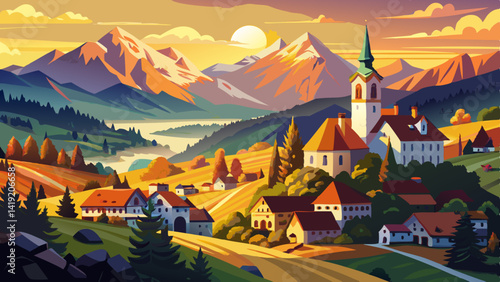 Aerial View of Sveti Tomaz Church in Skofja Loka, Slovenia – Sunset Panorama with Julian Alps