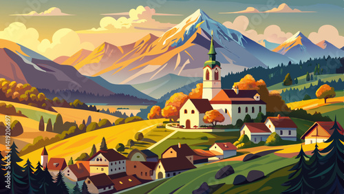 Aerial View of Sveti Tomaz Church in Skofja Loka, Slovenia – Sunset Panorama with Julian Alps