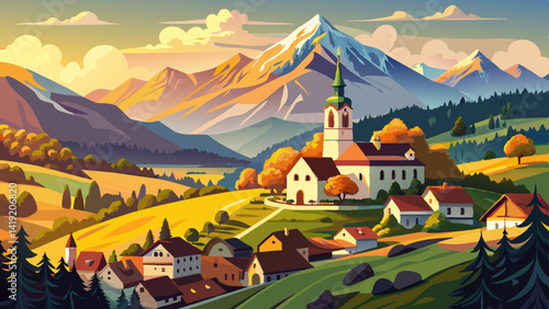 Aerial View of Sveti Tomaz Church in Skofja Loka, Slovenia – Sunset Panorama with Julian Alps