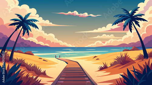 Path to Ocean on Miami Beach at Sunrise or Sunset – Vintage Nature Landscape with Retro Instagram Filter