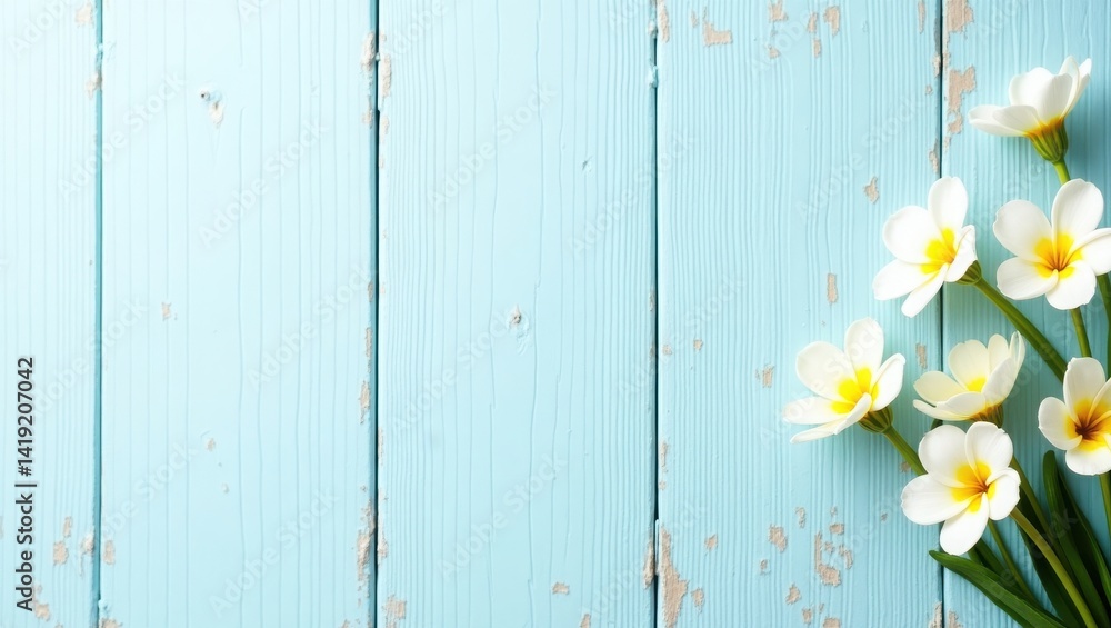 Obraz premium flowers over blue wooden table background. Backdrop with copy space. spring banner, summer banner, flower background, natural background, colorful flowers floral banner.