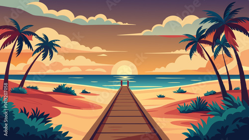 Path to Ocean on Miami Beach at Sunrise or Sunset – Vintage Nature Landscape with Retro Instagram Filter