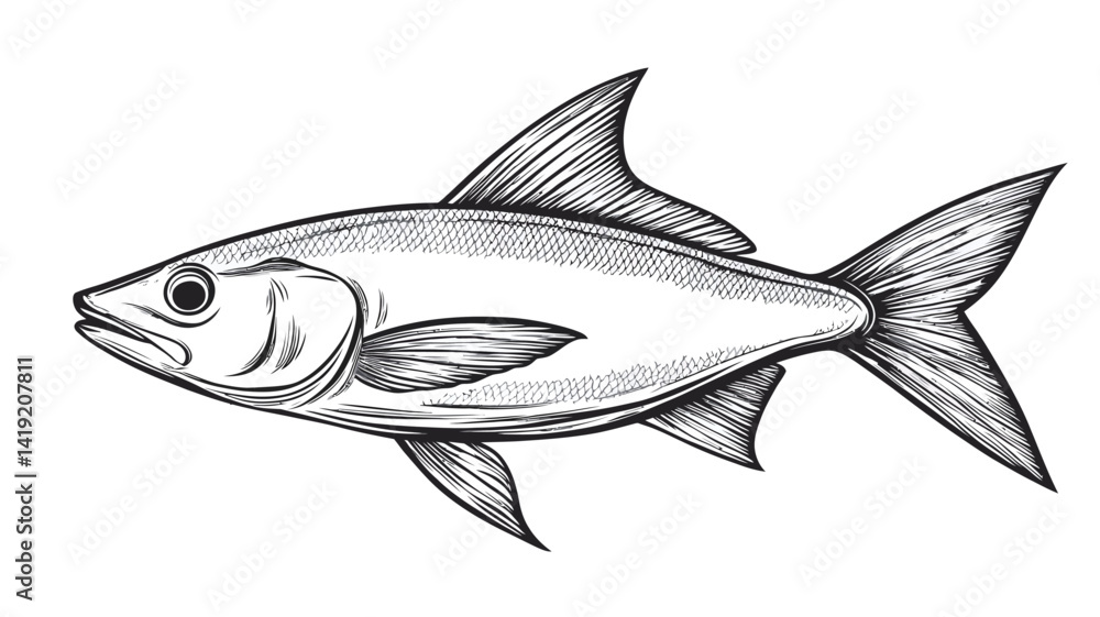 Fototapeta premium A detailed black and white illustration of a fish, rendered in greyscale. The drawing is precise in linework, capturing the texture of the scales and the shape of the fins, with subtle use of shading.