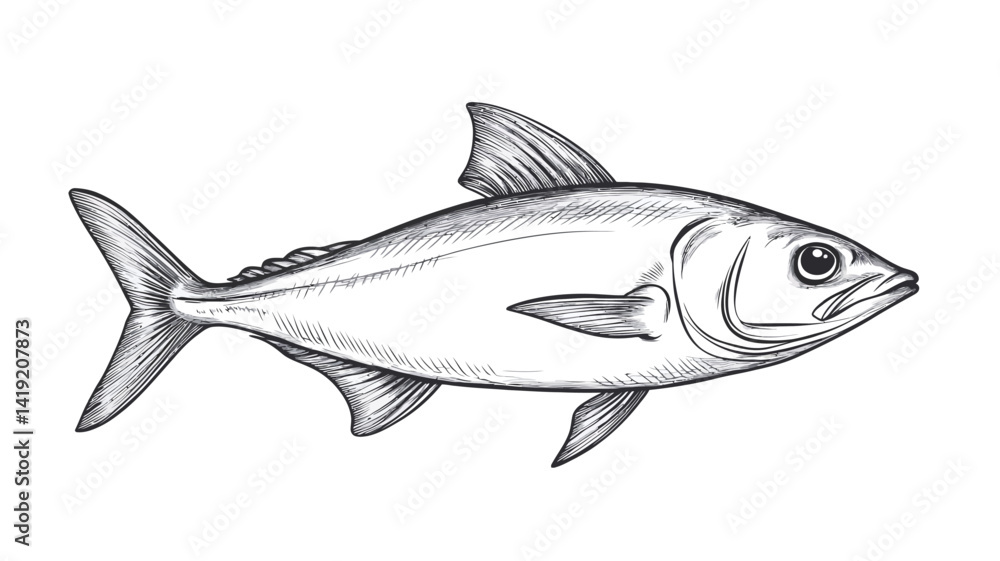 detailed, monochrome line drawing depicts a fish in profile. The drawing shows precise line work, with a high degree of accuracy in depicting the fish's scales, fins, and eyes. detailed, monochrome line drawing depicts a fish in profile. The drawing shows precise line work, with a high degree of accuracy in depicting the fish's scales, fins, and eyes.