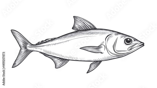 detailed, monochrome line drawing depicts a fish in profile. The drawing shows precise line work, with a high degree of accuracy in depicting the fish's scales, fins, and eyes.