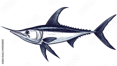 A detailed line drawing of a swordfish in blue and white against a white background, showing the swordfish's characteristic long, pointed bill and dorsal fin.