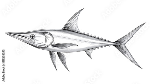 A detailed monochrome illustration of a swordfish rendered in greyscale. The work uses subtle shading techniques to create a sense of depth and volume in the fish's form. Fish scales.