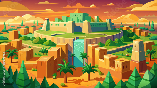 Ciudad Amurallada en el Desierto con Arquitectura Sumeria y Futurista Modular