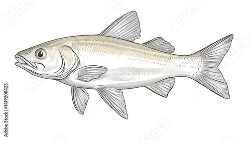 This image shows a detailed pencil or graphite drawing of a fish. The fish is in profile, facing left, with an elongated body and a light color.
