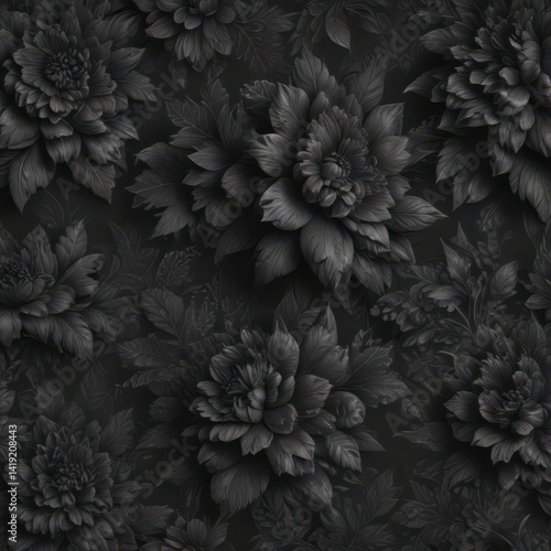 Intricate charcoal floral wallpaper Seamless pattern, dark hues , seamless, subtle, flowers