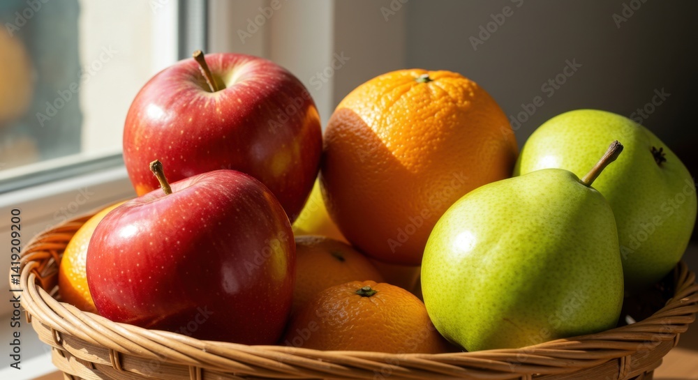 Sunlit Basket of Red Apples, Orange, and Green Pear Sunlit Basket of Red Apples, Orange, and Green Pear
