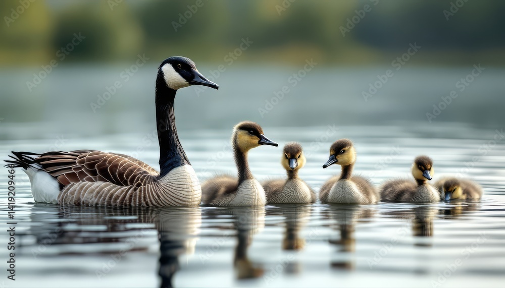 Obraz premium Canada Goose Family: Serene Aquatic Portrait in Soft Light