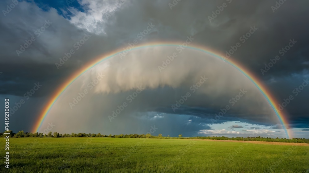 A vibrant rainbow stretching across a partly cloudy sky A vibrant rainbow stretching across a partly cloudy sky