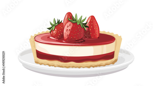 A lovingly rendered digital illustration shows a strawberry cheesecake tart, the crust a buttery golden brown, on a crisp white plate against a pure white background.