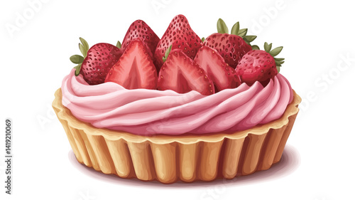 High-definition digital illustration of a strawberry tart. The tart crust is golden brown and fluted, filled with soft pale pink whipped cream and decorated with a clever swirl pattern. Vibrant red.