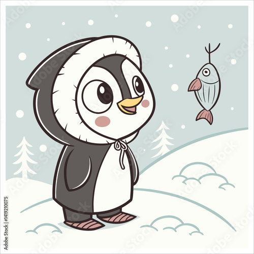 Cute penguin in a winter outfit looking at a fish
