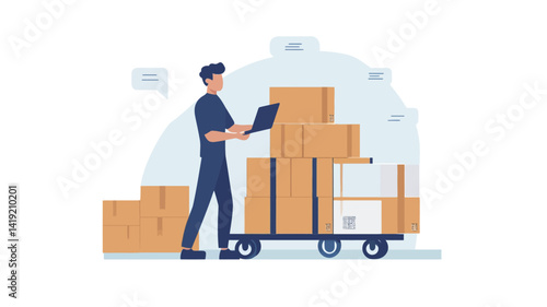 This illustration shows a stylized vector image of a male warehouse worker using a laptop while handling a stack of cardboard boxes on a trolley. The color scheme is primarily .