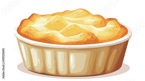 A digital illustration depicts a small, buttery yellow dessert, served in a pale yellow baking dish. The dessert has a soft, fluffy texture, with subtle peaks and undulations on the surface.