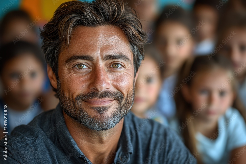 Smiling instructor engages with children during a classroom activity in a vibrant educational setting Smiling instructor engages with children during a classroom activity in a vibrant educational setting