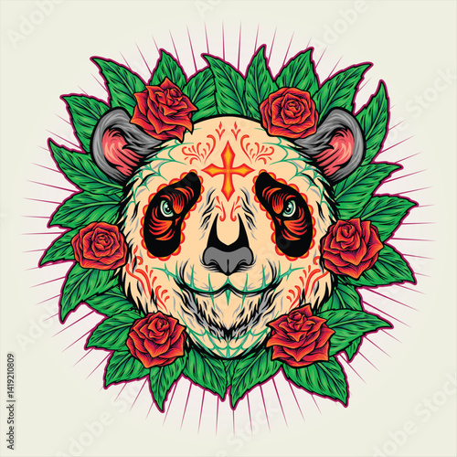 Panda calavera dia de los muertos floral mexican illustrations