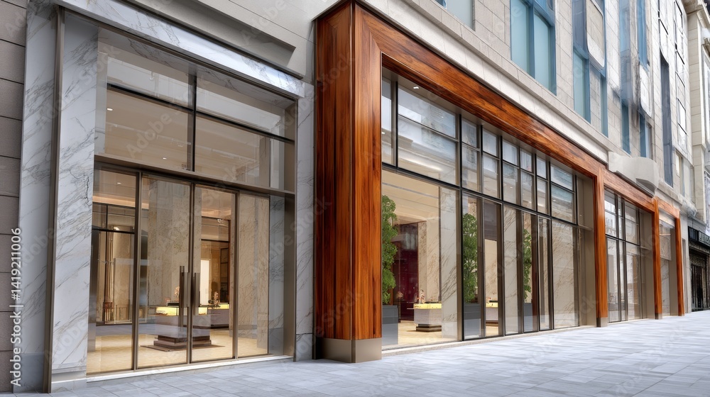 Modern Retail Storefront with Glass Windows and Wood Accents Modern Retail Storefront with Glass Windows and Wood Accents