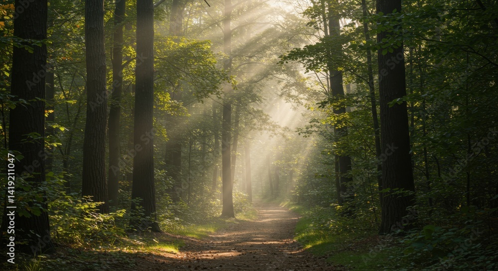 Obraz premium Sunlit Forest Path with Misty Atmosphere