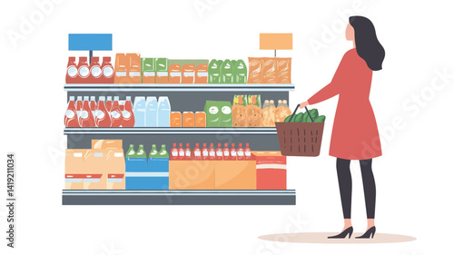 The illustration shows a stylized graphic design rendering of a woman in a red coat standing next to a supermarket shelf. She holds a woven basket containing what appear to be...