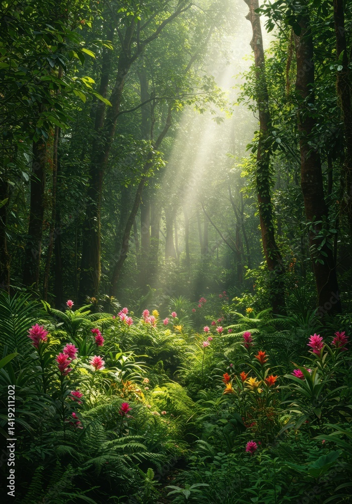 Obraz premium Sunlit Forest Path with Pink Flowers