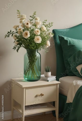 Stylish floral arrangement in glass vase; beige nightstand, emerald green sheets, room, nature, bedroom