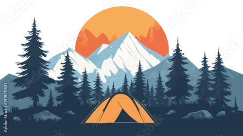 A stylized vector illustration of a serene mountain scene at dawn or dusk, with a large orange sun occupying the upper half of the frame, partially obscured by the mountains.