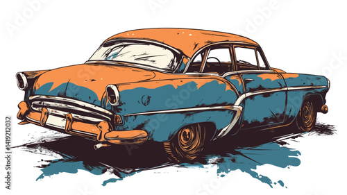 The vector illustration depicts the rear view of a heavily weathered and rusted vintage car, with the body of the car primarily in faded orange and turquoise colors and patches of rust.