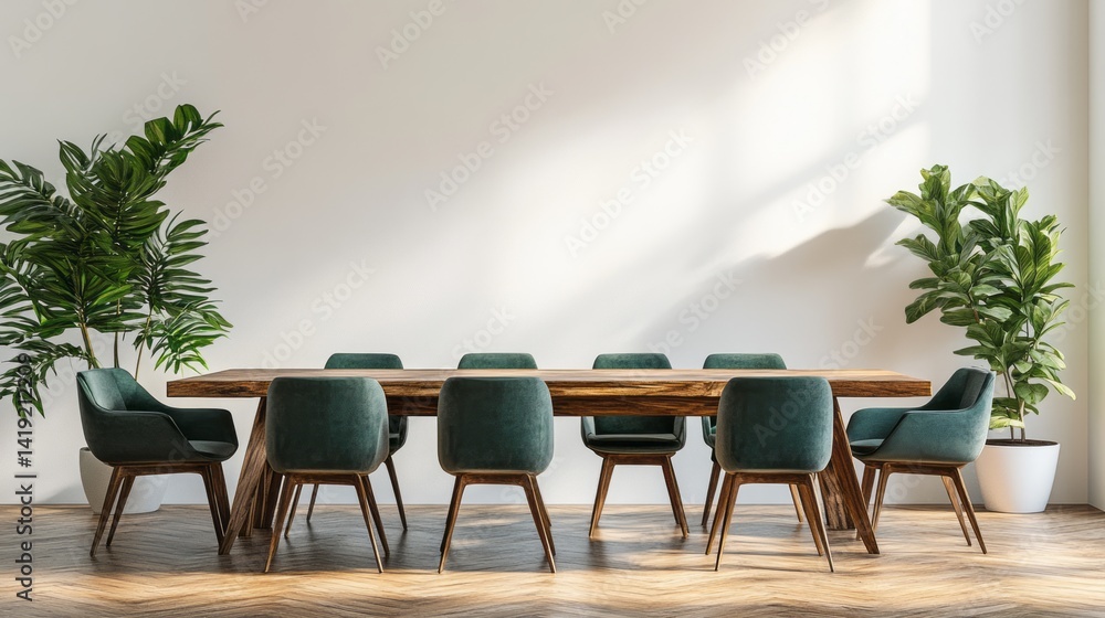 Elegant dining room features a wooden table and green chairs Elegant dining room features a wooden table and green chairs
