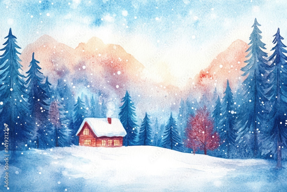 A secluded cabin sits in the snow, surrounded by tall evergreen trees and mountains under a soft winter twilight