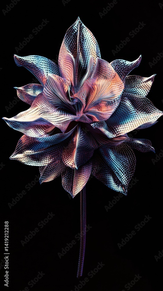 A beautifully crafted flower with vivid colors and detailed patterns appears prominently, showcasing artistry against a dark backdrop