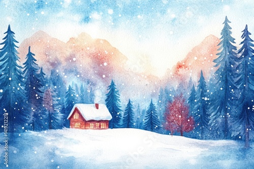 Obraz na płótnie A secluded cabin sits in the snow, surrounded by tall evergreen trees and mountains under a soft winter twilight w salonie