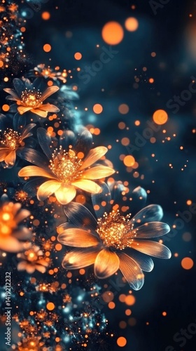 Orange flowers stand out beautifully with sparkling particles in a deep blue backdrop, creating a magical atmosphere at dusk