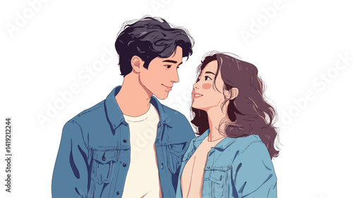 A digital illustration of a young couple, a man and a woman, stylized, almost animated, and soft.