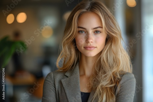 Wallpaper Mural Young woman with long hair poses confidently in a modern office setting during daylight hours Torontodigital.ca