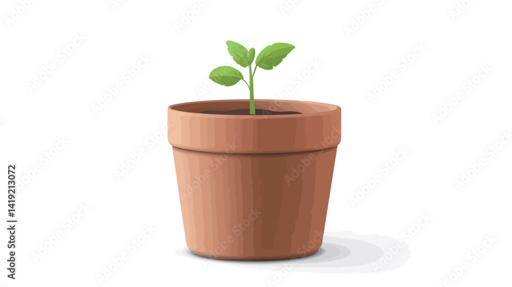 A digitally rendered close-up photo depicts a seedling with bright green leaves emerging from dark brown soil in a clay pot. A digitally rendered close-up photo depicts a seedling with bright green leaves emerging from dark brown soil in a clay pot.