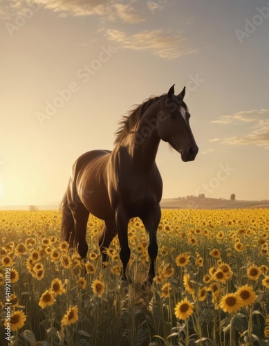 Majestic horse silhouette in sun-drenched wheat and sunflower field , art, horse, green