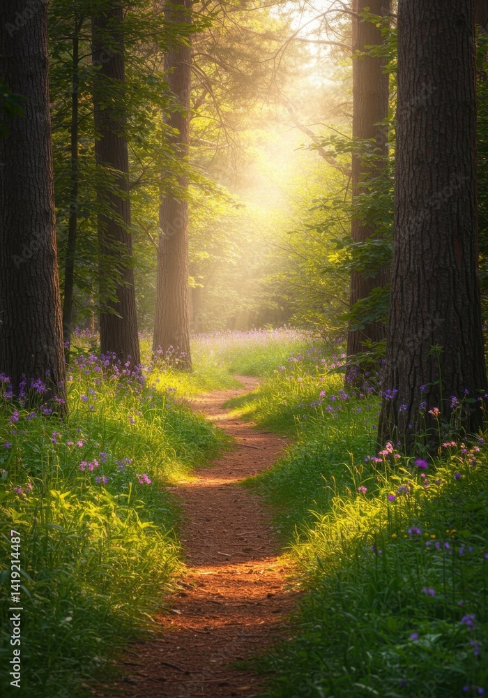 Fototapeta premium Sunlit Path Through a Flower Filled Forest