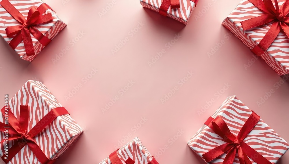 Fototapeta premium Red and white striped gift boxes, cheerful pattern, printable, pattern