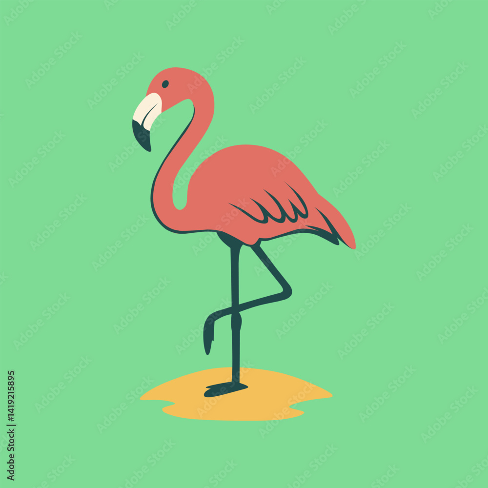 Fototapeta premium Standing Flamingo Illustration on Sand with Green Background