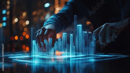 Hands manipulating a holographic city model